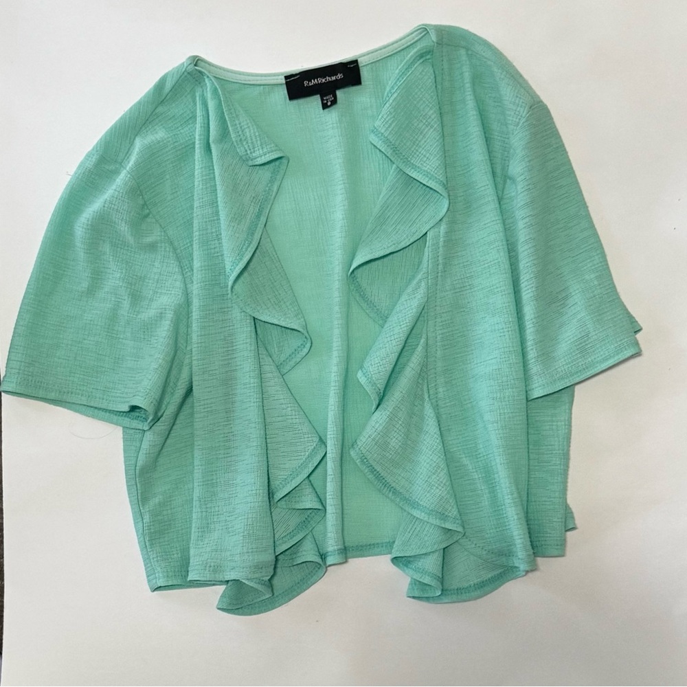 R&M Richards Green Ruffle Open Front Cardigan Women’s Size 8